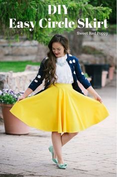 a woman wearing a yellow skirt with polka dots on it and text overlay that reads diy easy circle skirt sweet red poppy