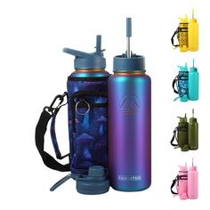 thermos water bottle with handle and strap is shown next to other colorful items