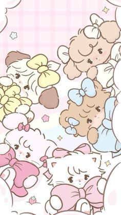 a bunch of stuffed animals laying on top of each other in the air with stars and clouds above them