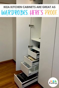 an open cabinet with drawers in it and the words ikea kitchen cabinets are great as wardrobes here's proof