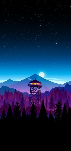 a night scene with mountains, trees and a tower