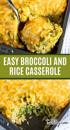 an easy broccoli and rice casserole in a pan with a spoon