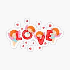 the word love with two little angels and hearts on it's sides sticker