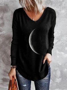 Moon Shirts, Layer Shirt, Moon T Shirt, Trendy Winter, Winter Pullover, Bottoming Shirt, Moon Print, Women Shirts Blouse, Shirts For Women