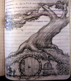 an open notebook with a drawing of a tree and a hobbot house on it