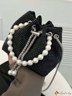 Bird in Bag - Fashionable Womens Rhinestone Clutch Shoulder Bag with Faux Pearl Chain Strap for Shopping Elegant Metal Chain Bags, Chic Metal Bag For Party, Chic Metal Party Bag, Chic Bling Shoulder Bag, Rhinestone Clutch, Polyvinyl Chloride, Pearl Chain, Bird In Bag, Bag Bag