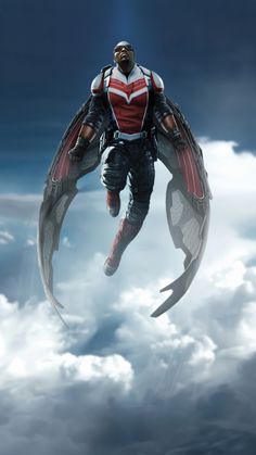 a man flying through the air on top of clouds