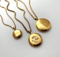 𝐃𝐞𝐬𝐜𝐫𝐢𝐩𝐭𝐢𝐨𝐧 ------ Record your sweet memories in these luminous locket pendant necklaces. They come in 3 sizes to suit your different needs. Each can hold 2 photos. Chains also come in a variety of designs and lengths for its incredible flexibility. Even the daintiest chain still shines.  ------ Our necklaces are anti-tarnish and hypoallergenic. Crafted from high quality surgical steel, and highly polished with real 14k yellow gold plating for their lasting luster. We use eco-friendly Gold Round Locket Necklace For Mother's Day, Gold Locket Jewelry As Wedding Gift, Gold Engraved Locket Necklace For Wedding Gift, Gold Locket Necklace With Engraving For Wedding, Engraved Gold Locket Necklace For Wedding Gift, Engraved Gold Locket Necklace Wedding Gift, Gold Wedding Locket Necklace With Engraving Option, Personalized Yellow Gold Locket Necklace For Wedding, Gold Locket Necklace With Engraving Option For Keepsake