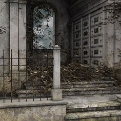 an old building with vines growing on the front door and steps leading up to it