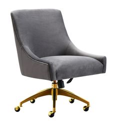 a gray office chair with gold wheels and casteors