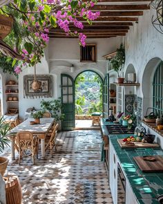 the kitchen is decorated with plants and potted plants in pots on the stove top