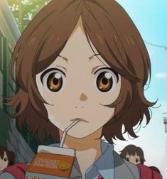 an anime character with brown eyes drinking from a straw in her hand and looking at the camera