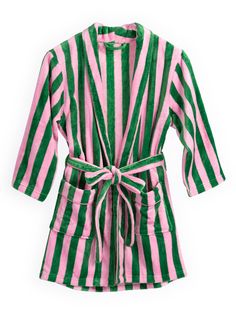 Add a subtly festive touch to your loungewear with Shiraleah’s Felicity Stripe Robe. With a vibrant, vertical striped pattern in bright green and feminine pink, this plush robe is perfect to wear year-round or to celebrate the holiday season. Made from luxuriously soft fabric with two front pockets and an adjustable wrap around belt, there is nothing else you’ll want on your body after a hot and refreshing shower! Pair with the matching Felicity Stripe Slippers, or other items from Shiraleah’s M Best Robes, Bath Robe Aesthetic, Green Bathrobe, Cute Robes, Stripe Robe, Comfy Robe, Bathrobes For Women, Striped Slippers, Plush Robe