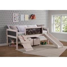 a child's bed with a slide in the middle and storage drawers underneath it