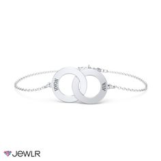 The perfect symbol of endless love, create a one-of-a-kind look with this beautiful interlocking circles bracelet. Design a meaningful gift for yourself or someone special by personalizing each circle with an engraved name or date. Great for layering or wearing on its own, this bracelet is customizable in sterling silver, white, yellow, or rose gold and includes a spring-ring clasp and a 1-inch extender for the right fit. Elegant White Gold Name Bracelet With Engraving Option, White Gold Initials Bracelet For Anniversary, Elegant Bracelets For Mother's Day Anniversary Gift, Elegant Sterling Silver Name Bracelet With Engraving Option, Sterling Silver Initials Bracelet, Customizable Round Sterling Silver Bracelets, Customizable Sterling Silver Round Bracelets, Customizable Sterling Silver Bracelets, Elegant Sterling Silver Initials Name Bracelet