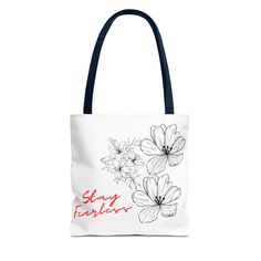 Elevate your style with our custom White Tote Bag featuring bold black stencil flowers and a vibrant red 'Stay Fearless' quote! These tote bags offer both functionality and flair. Crafted with spun polyester and double-stitched seams, they're built for durability. Made with 100% polyester, these medium-weight tote bags are perfect for everyday use. Upgrade your accessory game with our White Tote Bag and inspire fearlessness wherever you go. Order now and make a statement! Everyday Customizable Red Bags, Everyday Bags With Graphic Print, Trendy Customizable Black Bags, Customizable Daily Use Bags, Stencil Flowers, Black Stencil, Fearless Quotes, White Tote Bag, Tote Bag Black