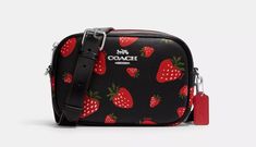 Printed coated canvas and smooth leather Inside multifunction pocket Zip closure, fabric lining Outside open pocket Detachable strap with 21 3/4" drop for shoulder or crossbody wear 9 1/2" (L) x 6 1/4" (H) x 2 3/4" (W) Style No. CH332 Wild Strawberry, Wild Strawberries, Strawberry Print, Smooth Leather, 4 H, Camera Bag, Black Red, Fashion Bags, Bags Handbags