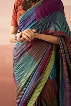 Multi-colored saree with striped print, hand embroidery and tassel detailing. - Aza Fashions Saree Women, Saree For Women, Dyed Silk, Fashion App, Silk Dyeing, Giza, Printed Sarees, Yarn Dyeing, Aza Fashion