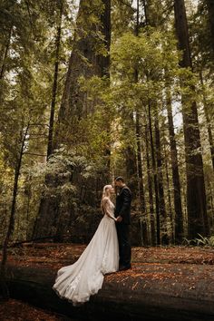 a bride and groom standing in the middle of a forest with their arms around each other