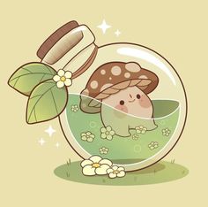 a cute little mushroom in a glass bowl with flowers and leaves around it's base