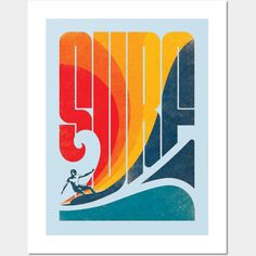 an old poster with a man surfing on the waves in front of sun and sky