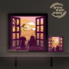 the silhouettes of two people are sitting in front of an open window with birds on it