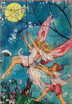 two fairy girls are playing with an umbrella in the woods at night, and one girl is swinging on a swing