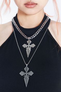 Edgy Metal Cross Necklace, Punk Streetwear Cross Necklaces, Punk Cross Necklace For Streetwear, Cross-shaped Stainless Steel Jewelry For Streetwear, Cross-shaped Stainless Steel Streetwear Jewelry, Stainless Steel Cross Necklaces For Streetwear, Stainless Steel Cross Necklace For Streetwear, Stainless Steel Cross Jewelry For Streetwear, Stainless Steel Cross Necklace With Chain