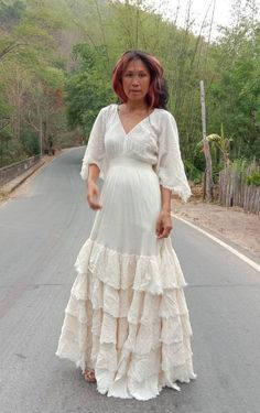 Handmade Bohemian Wedding Dress/Summer Cotton Maxi Dress/Boho | Etsy Angle Sleeve, Wedding Dress Summer, V Neck Gown, Boho Lace Top, Maxi Dress Boho, Wedding Dress Boho, Wedding Dress White, Dress Layered, White Wedding Dress