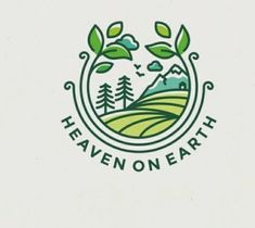 the logo for heaven on earth with trees and hills in the background, as well as clouds