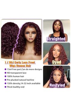 Dark Burgundy Lace Front Wigs Human Hair Dark Purple Curly 13x4 HD Lace Frontal Wig Pre Plucked With Baby Hair Deep Purple Colored Closure Wigs Human Hair 150% Density For Women 16 Inch Black And Blonde Ombre, Wig Ideas, Hd Lace Frontal, Closure Wigs, Hair Dark, Lace Front Wigs Human Hair, Deep Purple Color, Dark Burgundy, Black And Blonde