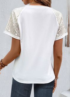 Casual Cotton Tops With Sequins, White Stretch Tops With Sequins, Casual White Sequined Tops, White Patchwork Crew Neck Top, White Stretch Top With Sequins, White Sequined Stretch Tops, White Stretch Sequined Tops, White Cotton Sequin Top, Casual White Sequin T-shirt