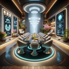 a futuristic dining room with chairs and tables