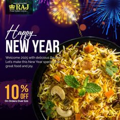 an advertisement for happy new year with colorful fireworks in the background and food on display