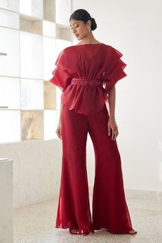 Shop for Mishru Red Iris Dramatic Sheer Pouf Top And Pant Set for Women Online at Aza Fashions Overlapping Sleeves, Fabric Pouf, Red Iris, Mother Of The Bride Outfits, A Line Kurti, Glamour Outfit, Embroidered Tie, Women Dress Online, Organza Top