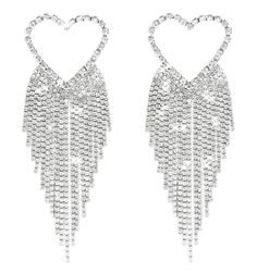 PRICES MAY VARY. 【Heart Hoop Earrings】: The size of the rhinestone heart hoop earrings dangling is about 4.7*1.6 in. Weight about (1 pair): 0.8 oz/pair. It's perfect for big and dangling earrings lover. 【Rhinestone Earrings Dangling】: These silver plated rhinestone heart shaped dangle drop earrings are very dazzling and sparkly! With diamond-like quality and its brilliance and clarity, The rhinestone earring is an affordable alternative. 【Tarnish and Mark-Free】: These silver big heart tassel ear Glamorous Rhinestone Heart Earrings As Gift, Silver Heart Earrings With Rhinestones For Party, Crystal Heart Earrings With Rhinestones For Party, Glamorous Rhinestone Heart Earrings For Party, Glamorous Silver Tassel Earrings With Rhinestones, Heart Tassel, Heart-shaped Rhinestone Earrings For Valentine's Day, Black Heart Earrings, Tassel Earing