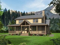 this is an artist's rendering of a house in the woods with mountains in the background