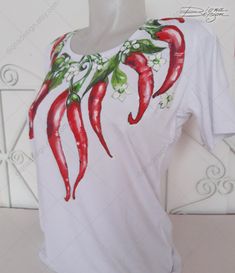 ♥ Chilies on Shirt, Painted T-shirt, Shirt with Chili, Handpainted Shirt, Hand Painted T Shirt, Tshirt with chili peppers ♥ HAND PAINTED T-SHIRT by DiqnaDesign. Because these are Original Hand Painted Designs I will not guarantee that each t-shirt is exactly the same. The nature of hand painted designs is that each one is just a little different. ------- SIZE & DETAILS ------- Cotton T-shirts - hand painted with professional water resistant textile paint Available sizes: S, M, L, XL, 2X Avai Hand Painted Crew Neck Tops For Summer, Hand-painted Crew Neck Tops For Summer, Hand Painted White Short Sleeve Tops, Casual Hand Painted Cotton Tops, White Hand Painted Short Sleeve Tops, Casual Cotton Hand Painted Tops, Hand Painted Short Sleeve Graphic Tee, Casual Hand Painted Cotton T-shirt, Casual Cotton Hand Painted T-shirt