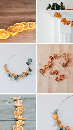 four different pictures of oranges being made with beads and leaves in various stages of development