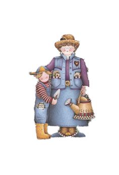 a drawing of two children dressed in blue overalls and hats, one holding a watering can