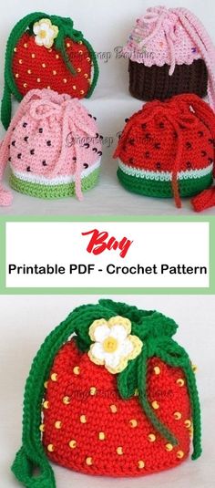 crocheted strawberries and strawberry purses are shown in three different sizes, with the words printable df - crochet pattern below