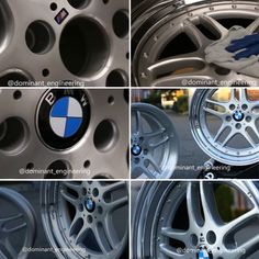 four pictures show different types of wheels and rims, including one with the bmw logo on it