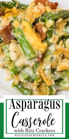 Closeup of a creamy asparagus and cheese casserole. Asparagrass Recipes, Recipes Using Asparagus, Baked Asparagus Casserole, Starchy Sides, Creamed Asparagus Recipes, Asparagus Casserole Recipes Easy, Warm Side Dishes, Asparagus Rice Casserole, Creamy Asparagus Casserole