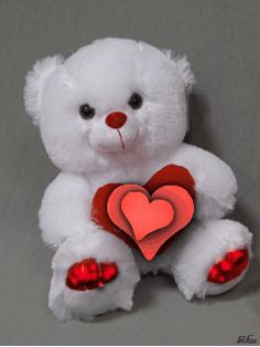 a white teddy bear with a red heart on it's chest sitting against a gray background