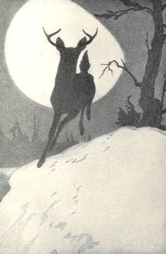 a drawing of two deer running in front of a full moon