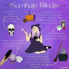 a woman sitting on top of a purple floor next to a pile of items that include witches