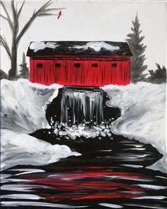 a painting of a red covered bridge in the snow