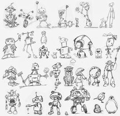 various cartoon characters are shown in this black and white drawing set, with one character holding a baseball bat while the other is looking at something