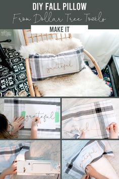 diy fall pillow make it with plaid fabric and the wording is easy to do