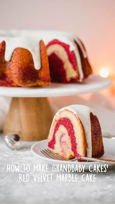 a bundt cake on a plate with a slice cut out and ready to be eaten